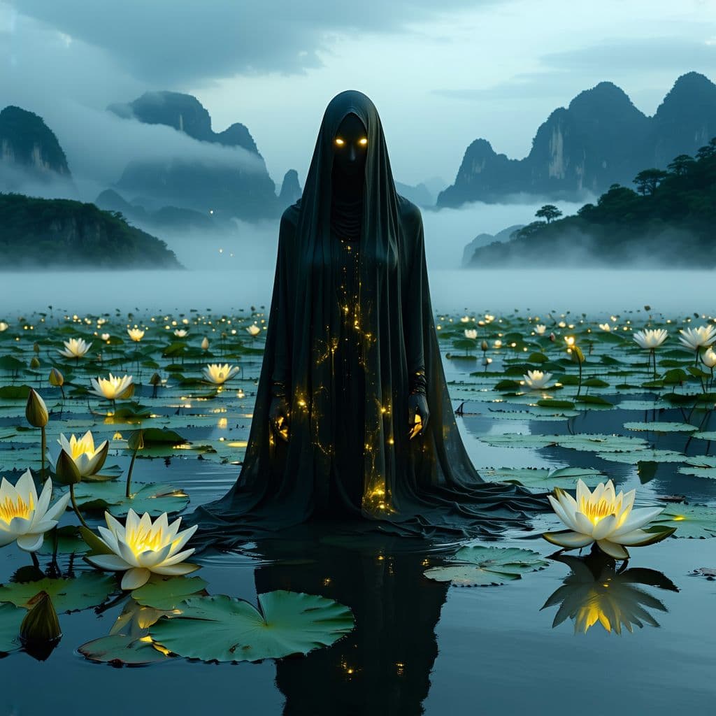 AI generated: A haunting, surreal scene unfolds on a still, ink-dark lake cloaked in mist. A ghostly figure with a...
