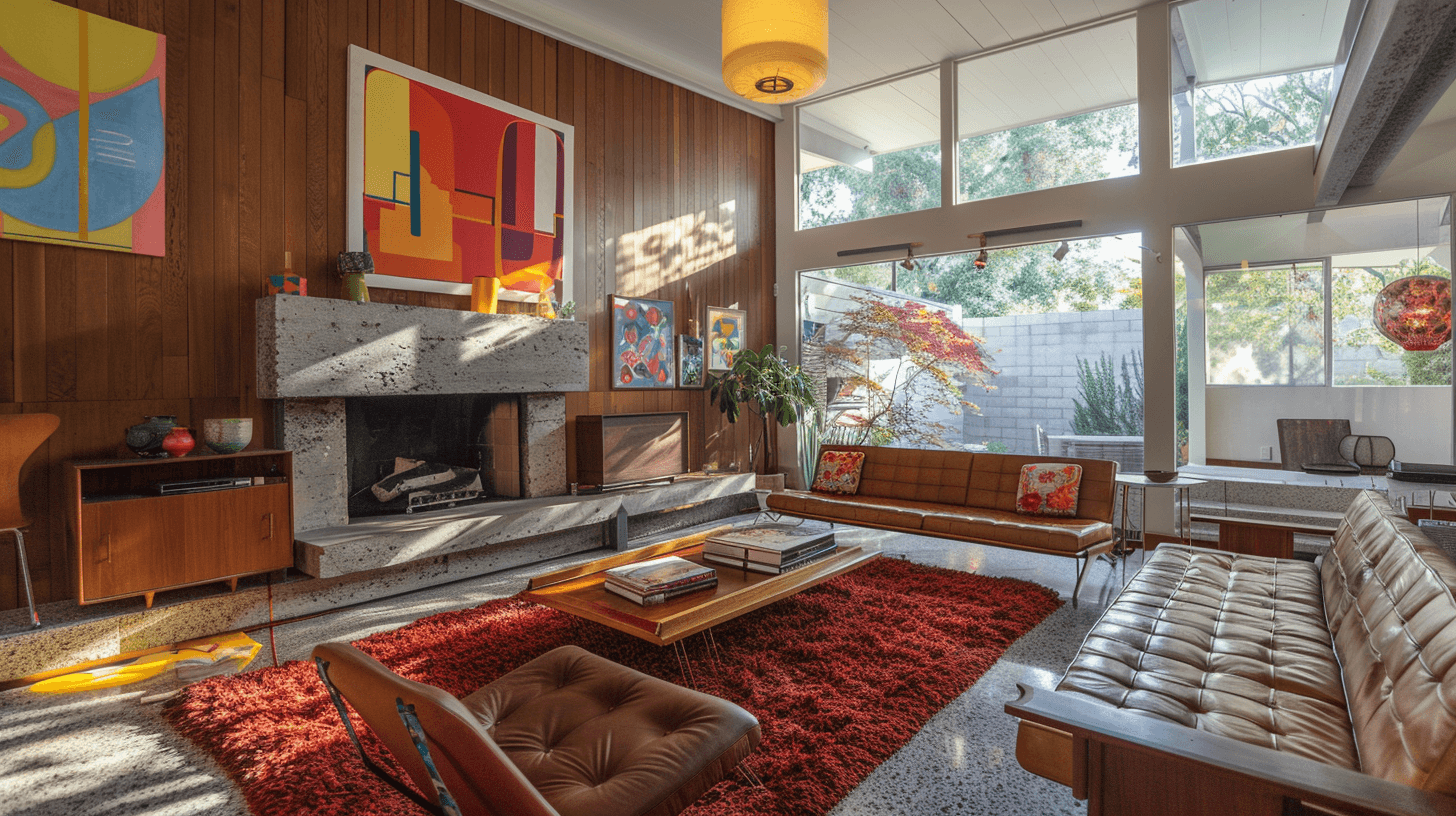 AI generated: mid-century modern living room with fireplace, colorful artwork on the wall, sofa and coffee table i...