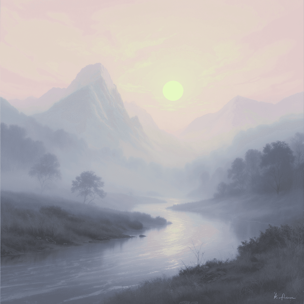 AI generated: a dreamy minimalistic landscape with soft pastel tones, ethereal mountains in the distance, glowing ...