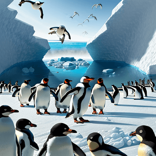 AI generated: the scene is in antarktika. A young blond man falls head first into a hole. A group of penguins run ...