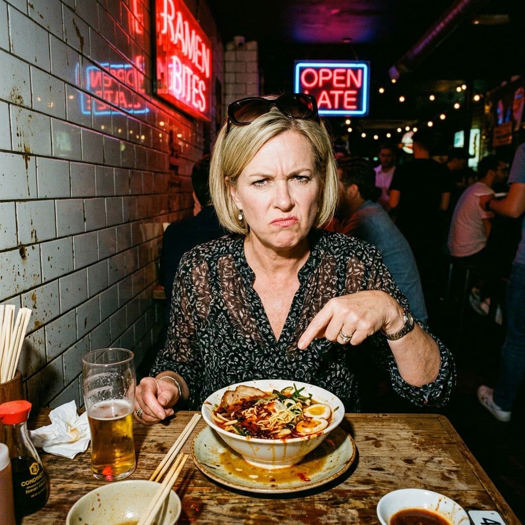 AI generated: urban underground restaurant photography, harsh direct camera flash, nightlife editorial food photog...