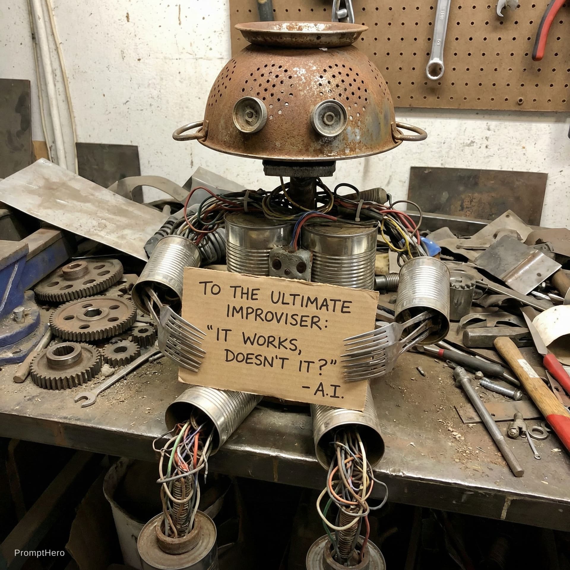 AI generated: A tongue‑in‑cheek tribute to the ultimate improviser—perfect for a robot built from “whatever’s at h...