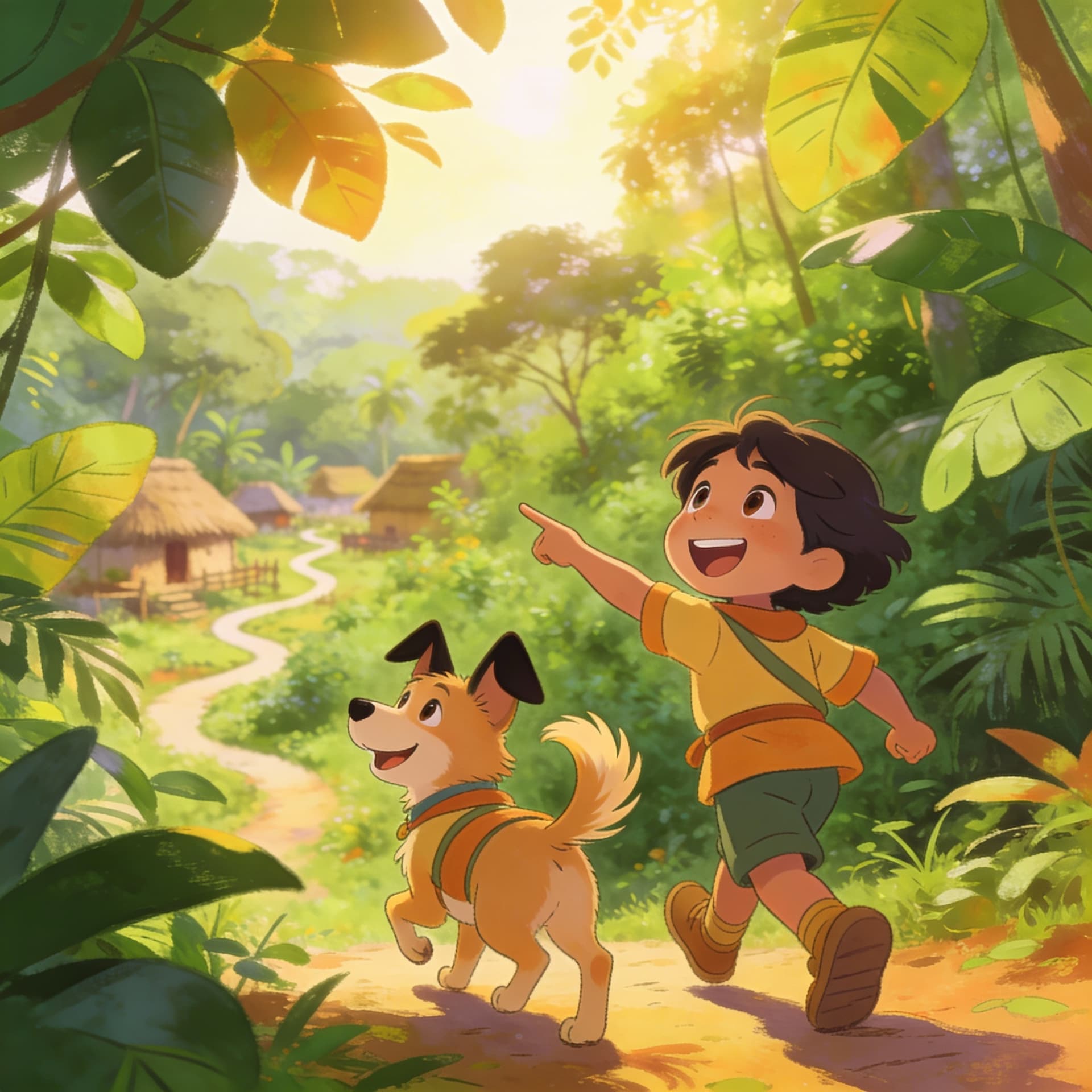 AI generated: Continuation of previous scene, Chiku and Sheru walking towards a green dense jungle outside the vil...