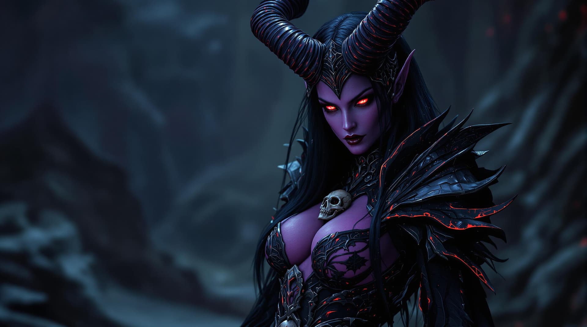 AI generated: a female demoness with full purple skin over her whole body, fierce horns emanating from her head, p...