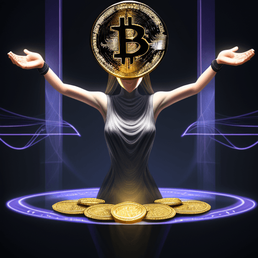 AI generated: a bitcoin prophet worshipping bitcoin, futuristic high-tech spiritualism, photorealism --q 2 --v 5
