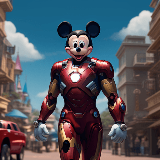 AI generated: mickey mouse wearing an ironman suite cartoon, metaverse, nft, funny. ultra hd, 4k, disney --v 5.2 -...
