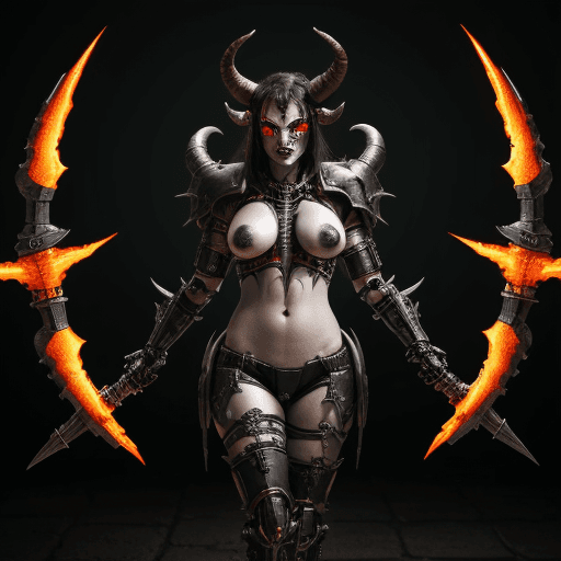 AI generated: Cybernetic demon woman wearing armor with large ram horns on her head and bits of black metal poking...