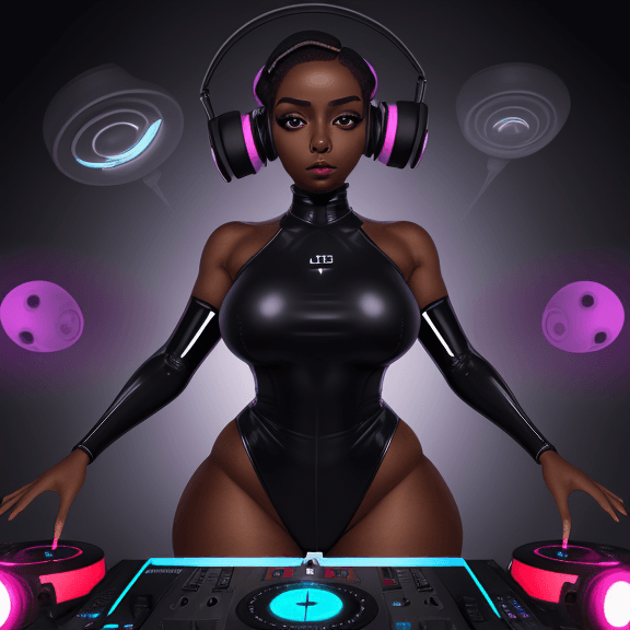 AI generated: head set, dark skin, DJ, hypnotic dominant, leotard, thick thighs, octoling adult, high tech, drone