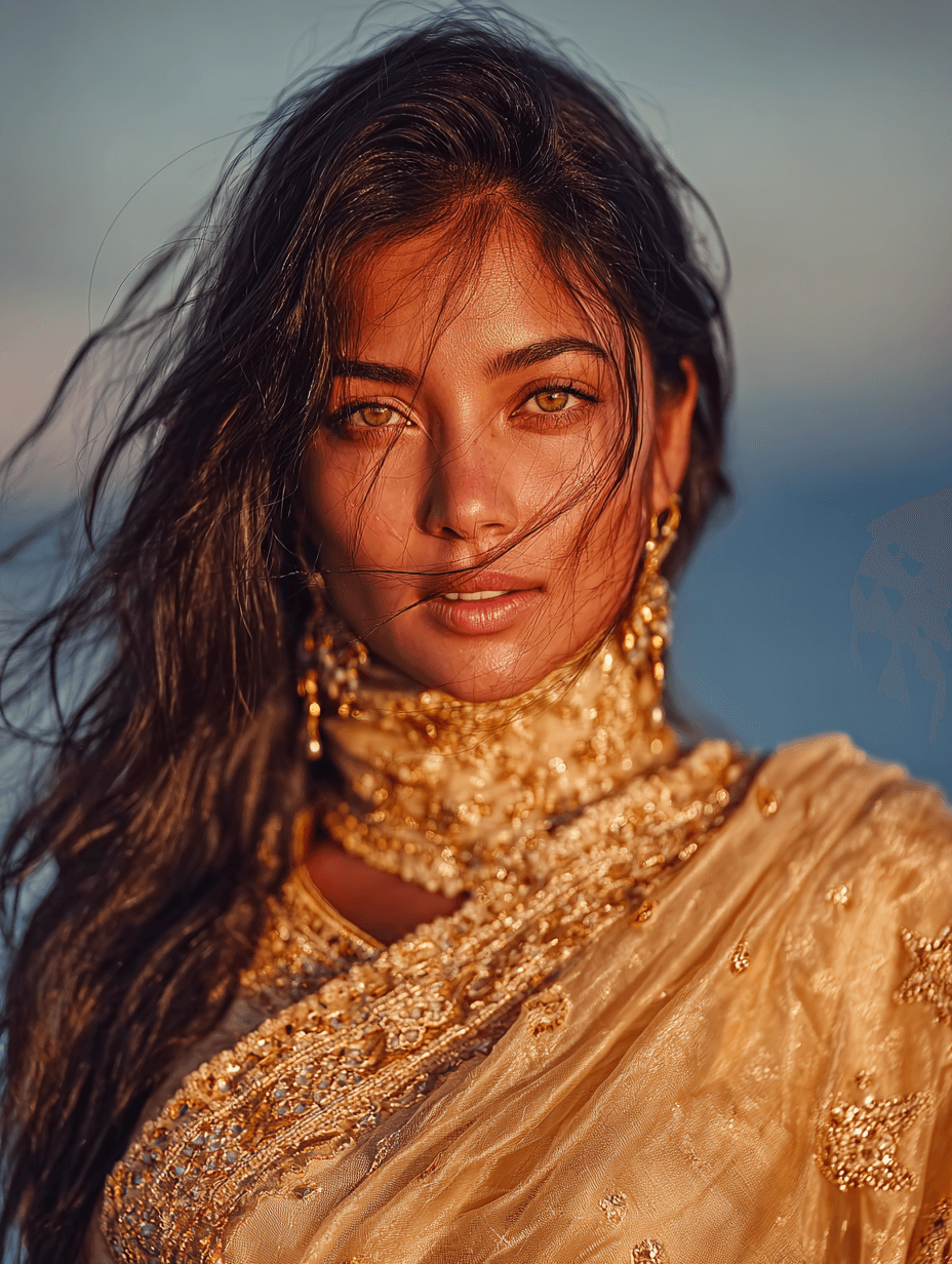 AI generated: A hyperrealistic breathtakingly beautiful Indian woman— her form radiating celestial grace. She stan...