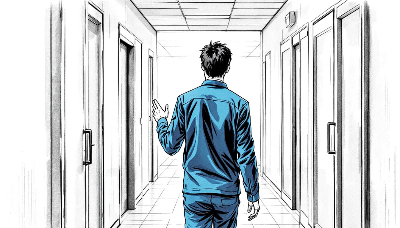 AI generated: Pencil sketch drawing of a workplace hallway scene. A Japanese female worker in a blue work uniform ...