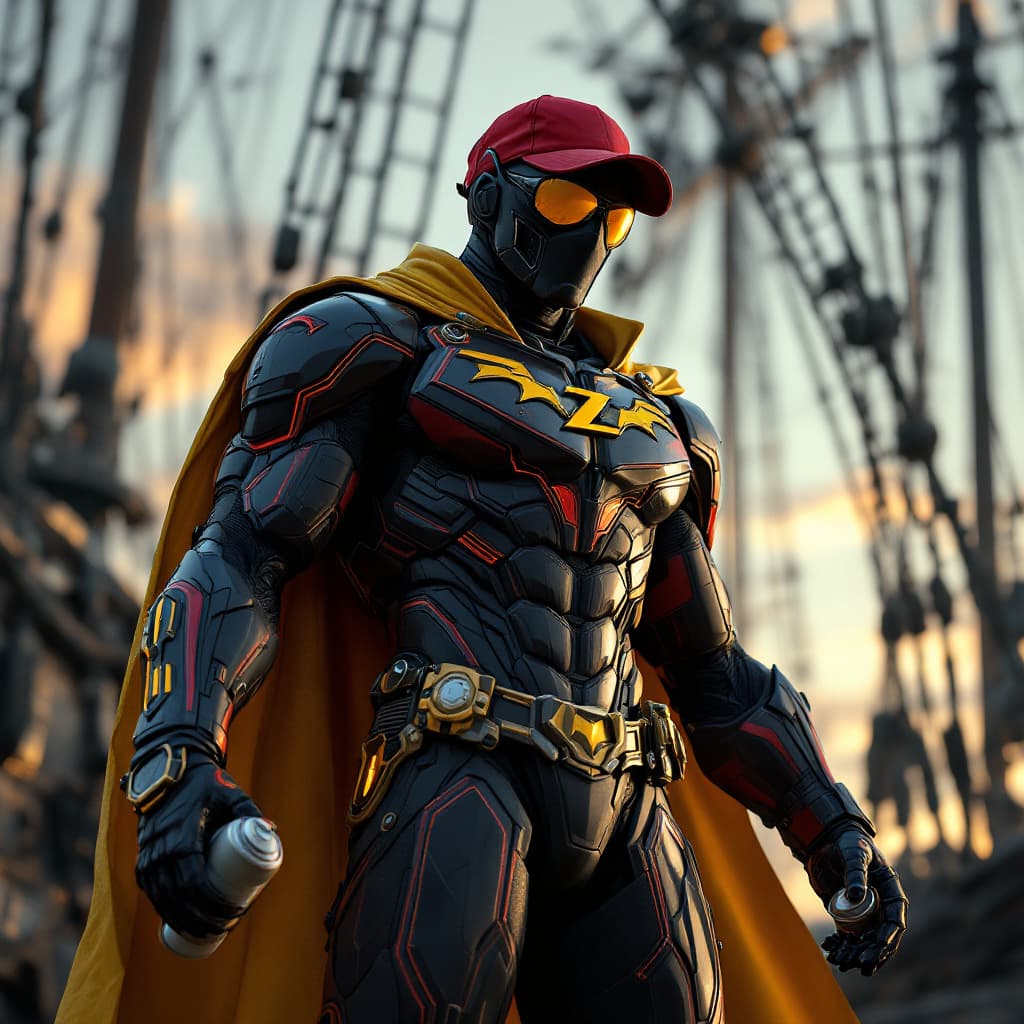 AI generated:  ultra real A BLACKMAN in a red baseball cap backwards, yellow sunglasses, in a black and red dark k...