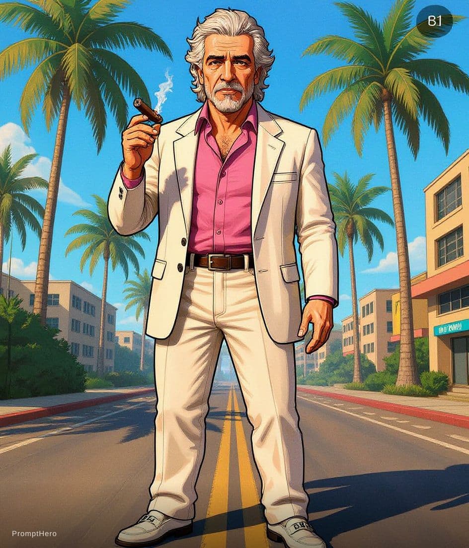 AI generated: Full-body illustration of Al Pacino in a stylized 1980s Miami setting. He's wearing a pink wide-coll...