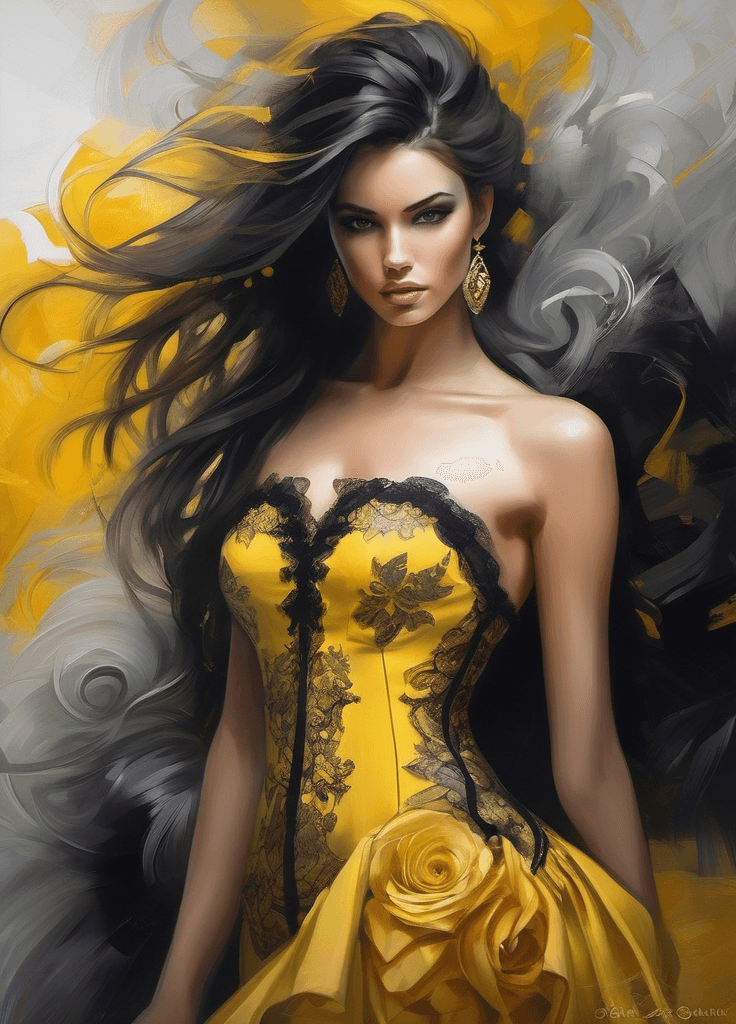 AI generated: stunning half body portrait of a beautiful girl, exclusive dress, elegant, in the style of yellow an...