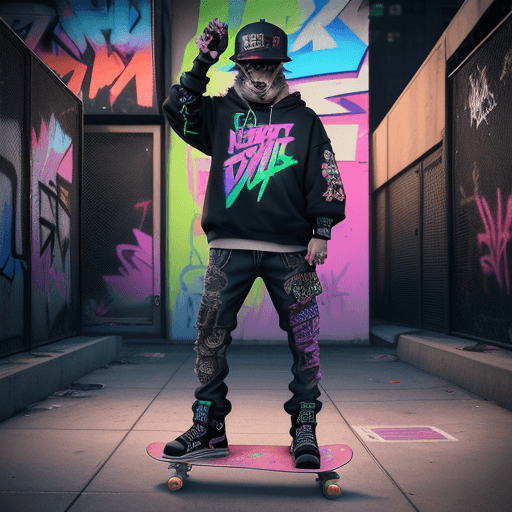 AI generated: Cyberpunk style, a cat standing on a skateboard, wearing a backwards baseball cap and holding a boom...