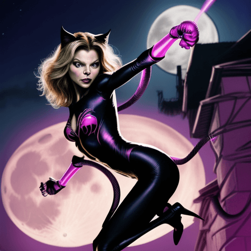 AI generated: michelle pfeiffer as the spider cat-woman female superhero with a pink lazer whip,jumping in front o...
