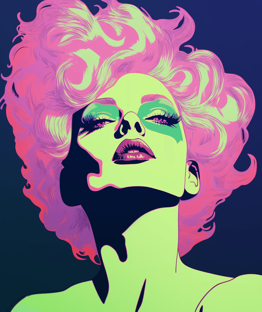 AI generated: A drawing of an elegant woman with pink hair, in the style of Andy Warhol, with green and purple col...