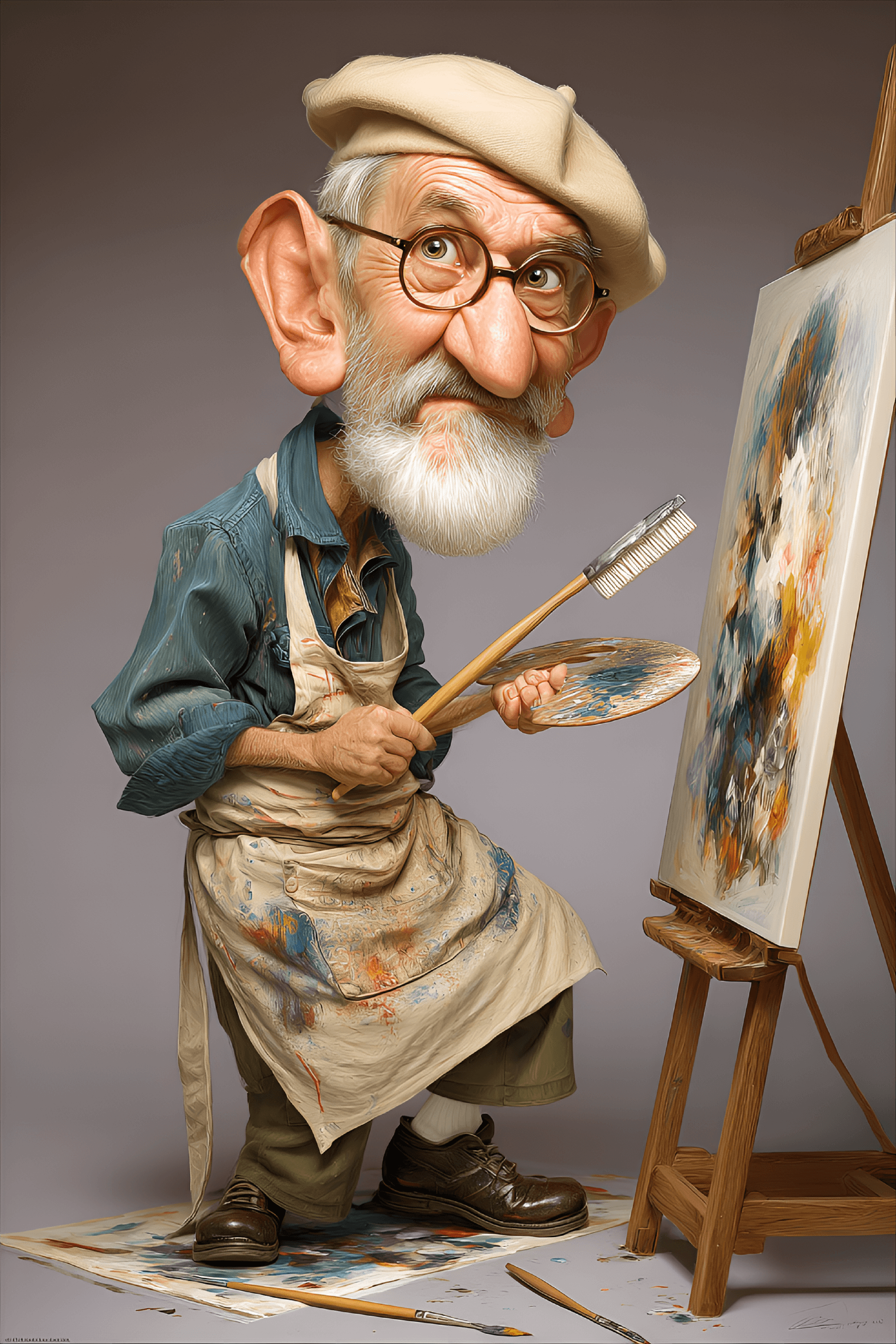 AI generated: funny caricature, famous painter caricature, elderly french male, 70 years old, white beard, artisti...