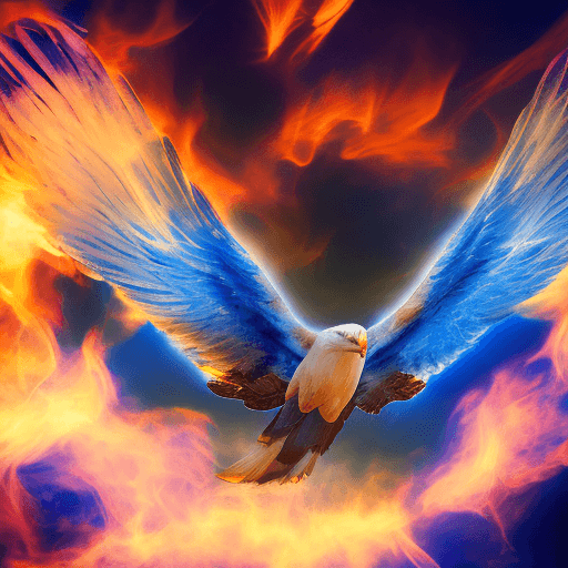 AI generated: Photograph of a soaring eagle formed by blue and white powder explosions in a dark room, creating an...