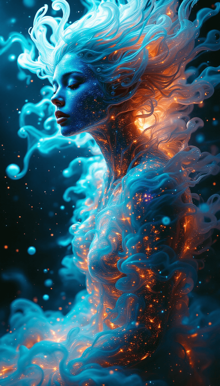 AI generated: Metamorphosis through Swirling Gases: A series of photorealistic images depicting a figure undergoin...