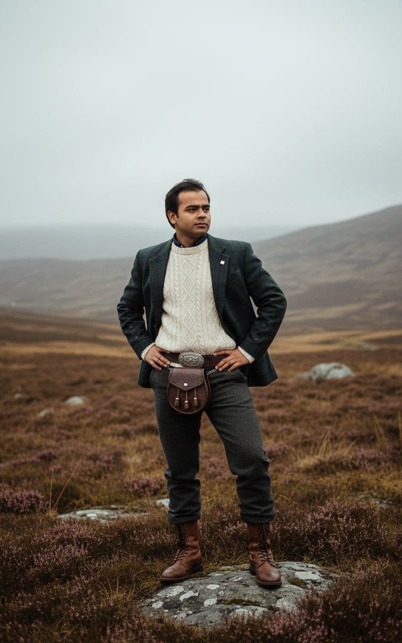 AI generated: (Highland Heritage):
Subject: A proud late-20s man. Clothing: Harris Tweed jacket (dark green/blue ...