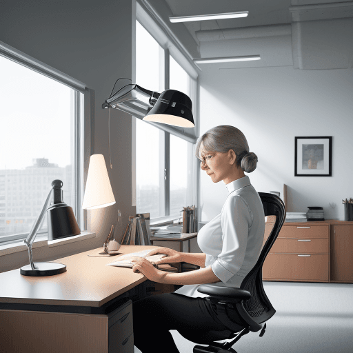 AI generated: Spacious office with frontal view, Herman Miller Aeron chairs, Artemide Tolomeo desk lamps, captured...