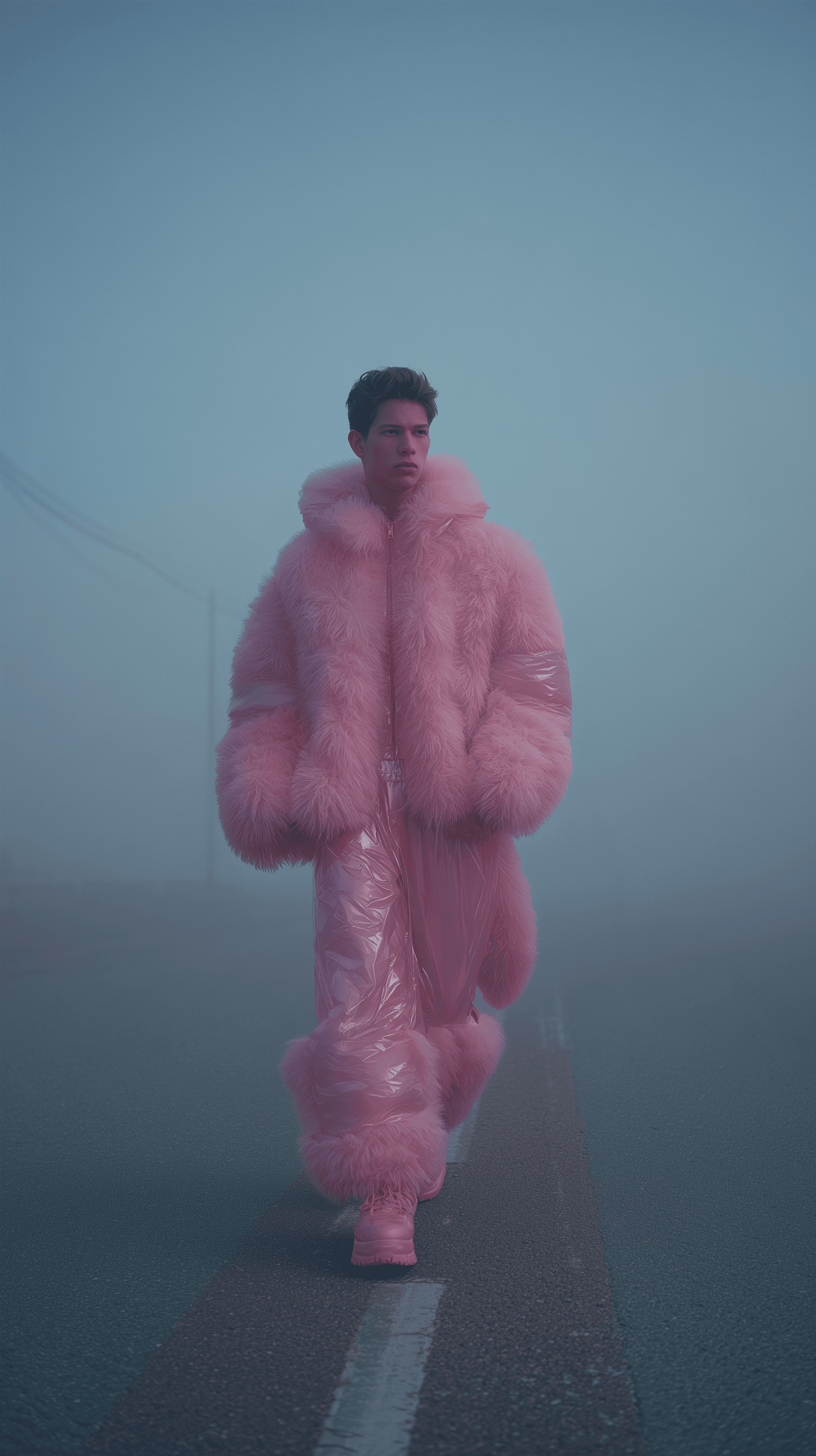 AI generated: fashion photography, man model in full-body, front central view, wearing an oversized fluffy and vin...