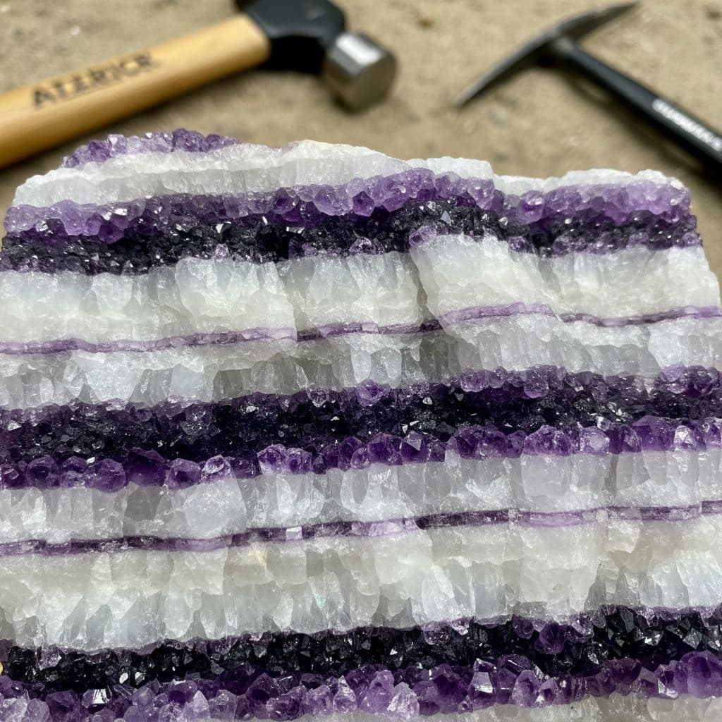 AI generated: Milky white crystal layered with purple crystal in horizontal lines