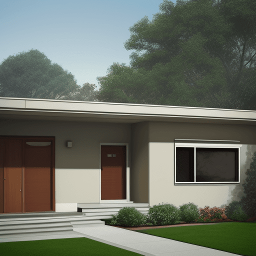 AI generated: Hyper realistic eye level exterior photo of a mid century modern style house 