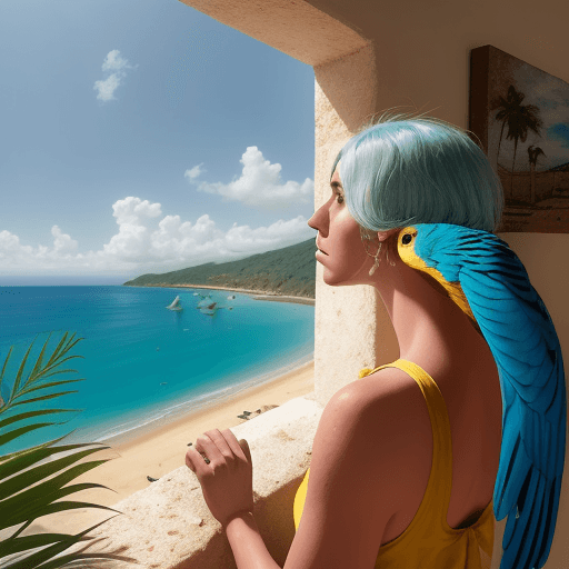 AI generated: Pintura impresionista de un loro guacamayo sentado en la pared de una piedra de una casa antigua, mi...