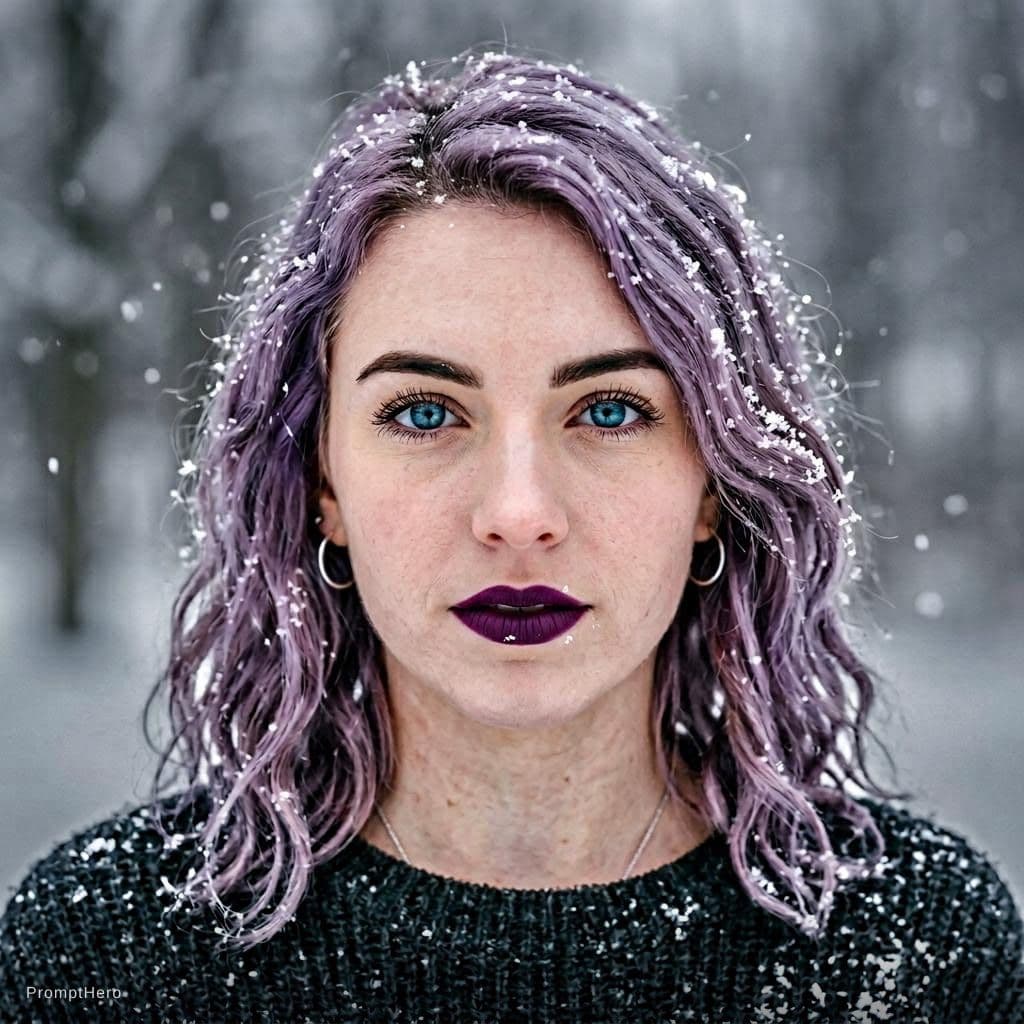 AI generated: A close-up portrait of a person with wavy, lavender purple hair dusted with snowflakes, piercing blu...