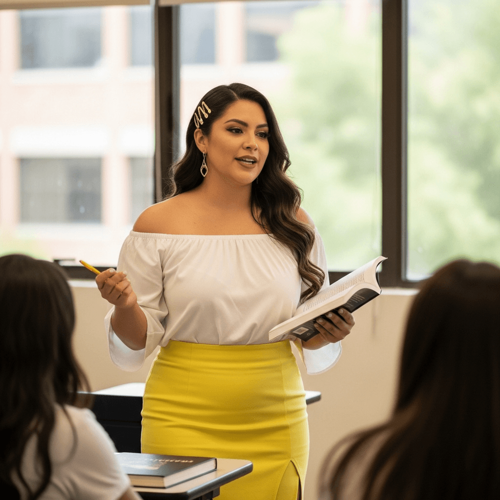 AI generated: curvy mexican in off shoulder top and micro yellow skirt, teaching at university
