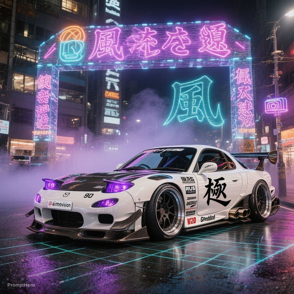 AI generated: Mazda RX-7 GT-X (FC) '90, white metallic paint, full custom widebody kit with forged carbon fiber ho...