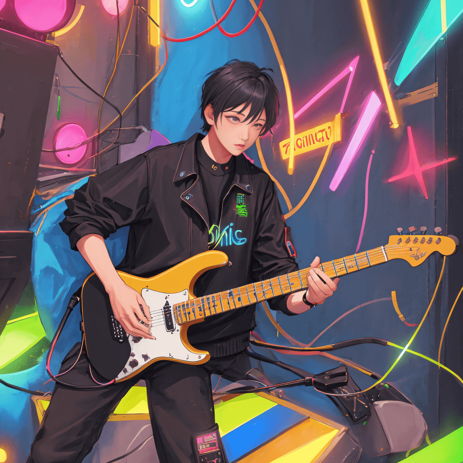 AI generated: (boy) witg long black bang playing instrument, playing guitar, electic guitar, night club, neon ligh...