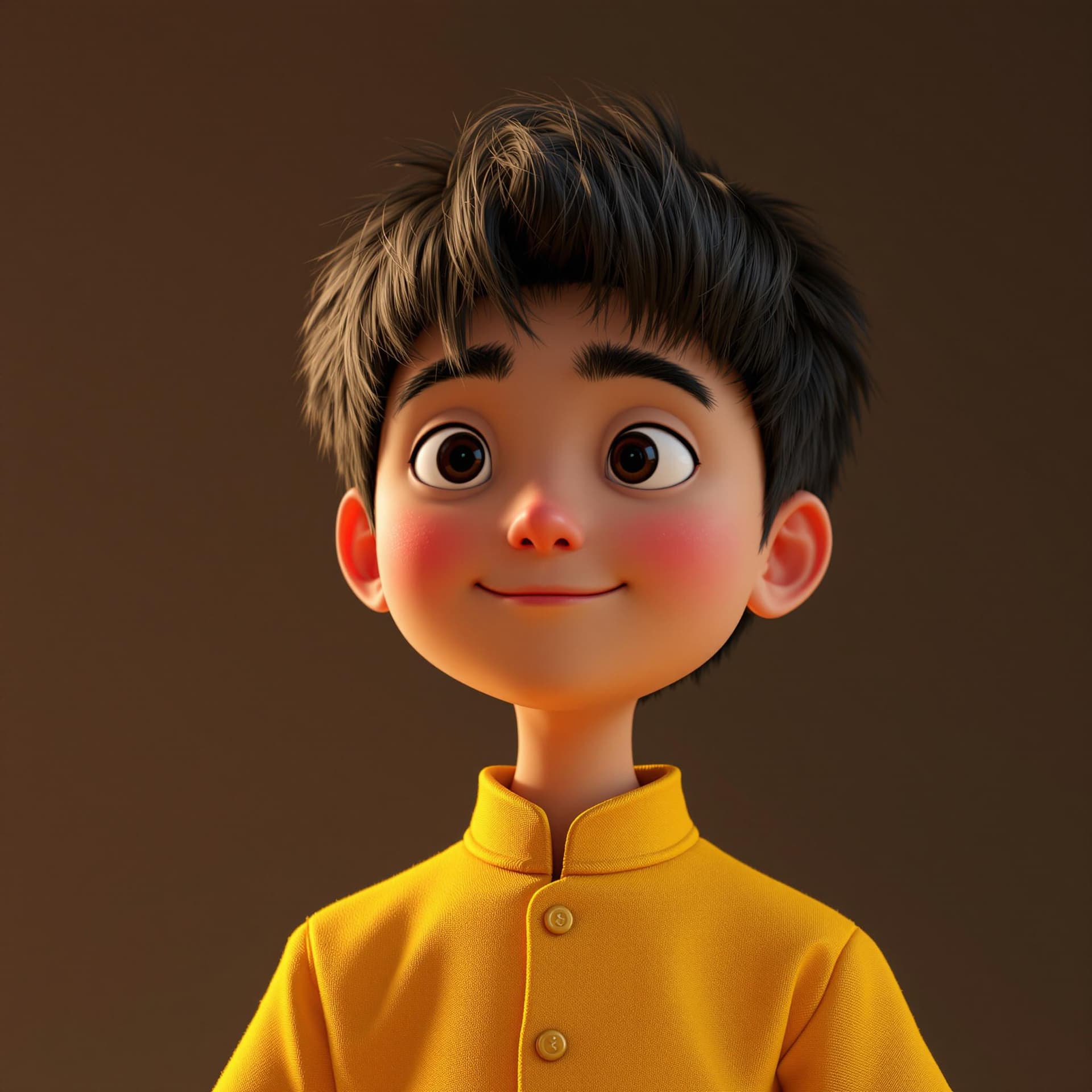 AI generated: A Chinese boy with black hair and yellow shirt, rendered in cinema4d style, charming character, I ca...
