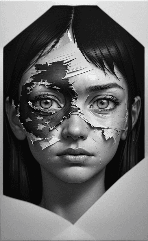 AI generated: A hyperrealistic oil painting, white background of an eye peeking through ripped paper with the shap...