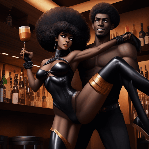 AI generated: a 6 foot tall fit black girl  with abs and an afro,  hairstyle wearing a dark villainess costume lif...