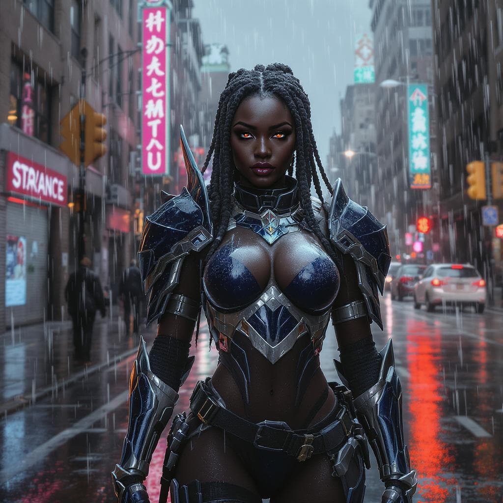 AI generated: African American warrior Princess, wearing battle armor, standing in the rain on an empty NYC street...