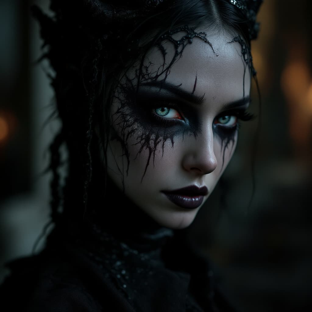AI generated: Design a photorealistic portrait of a woman with dark makeup and artistic makeup, in a dark conceptu...