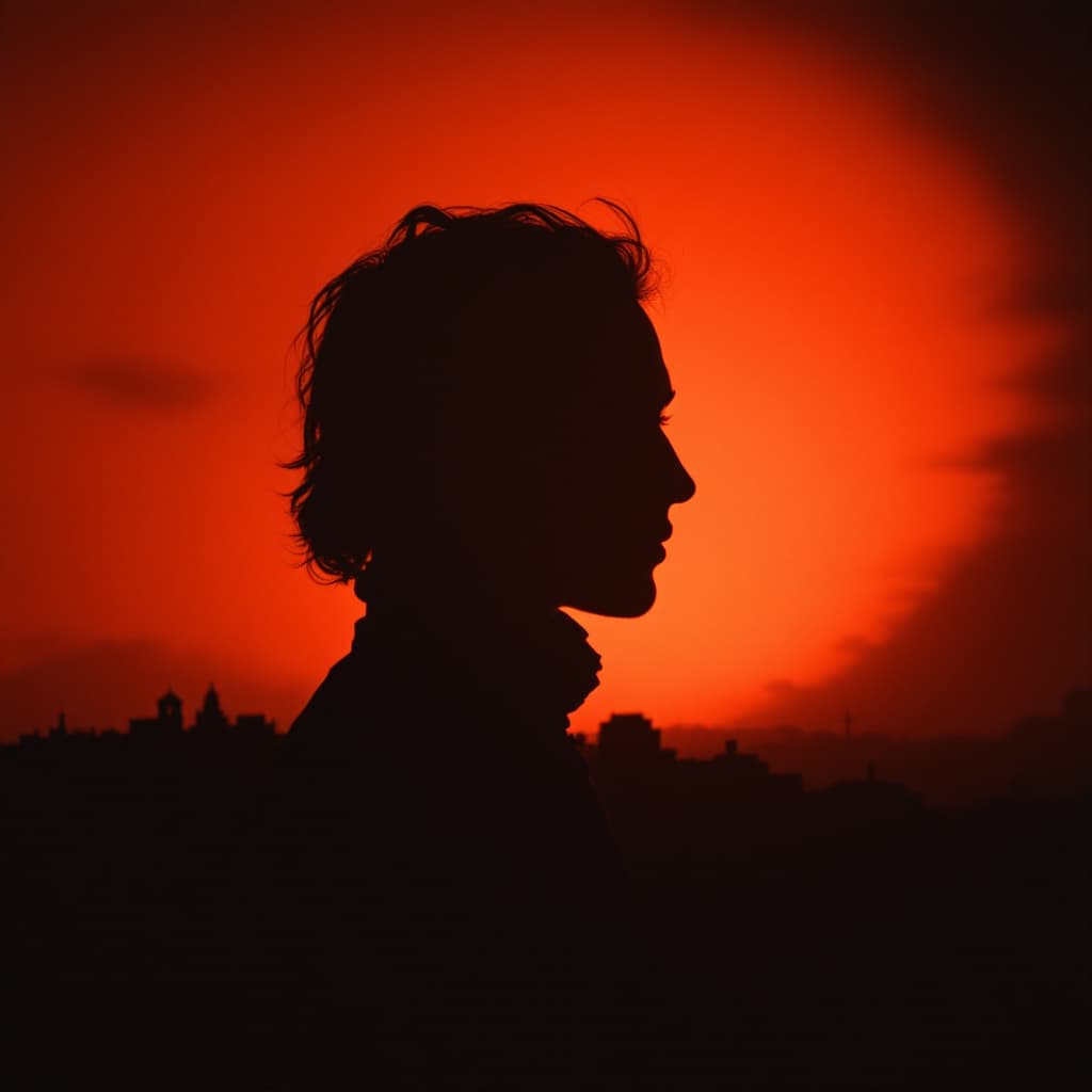 AI generated: photography, portrait of contrast, profile silhouette of a towns, vibrant hot orange backdrop, visua...