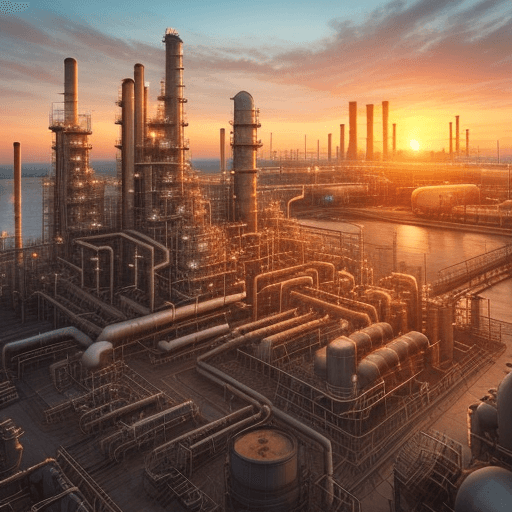 AI generated: an impressive oil refinery with a realistic landscape, with pipelines, distillers, catalyst exchange...
