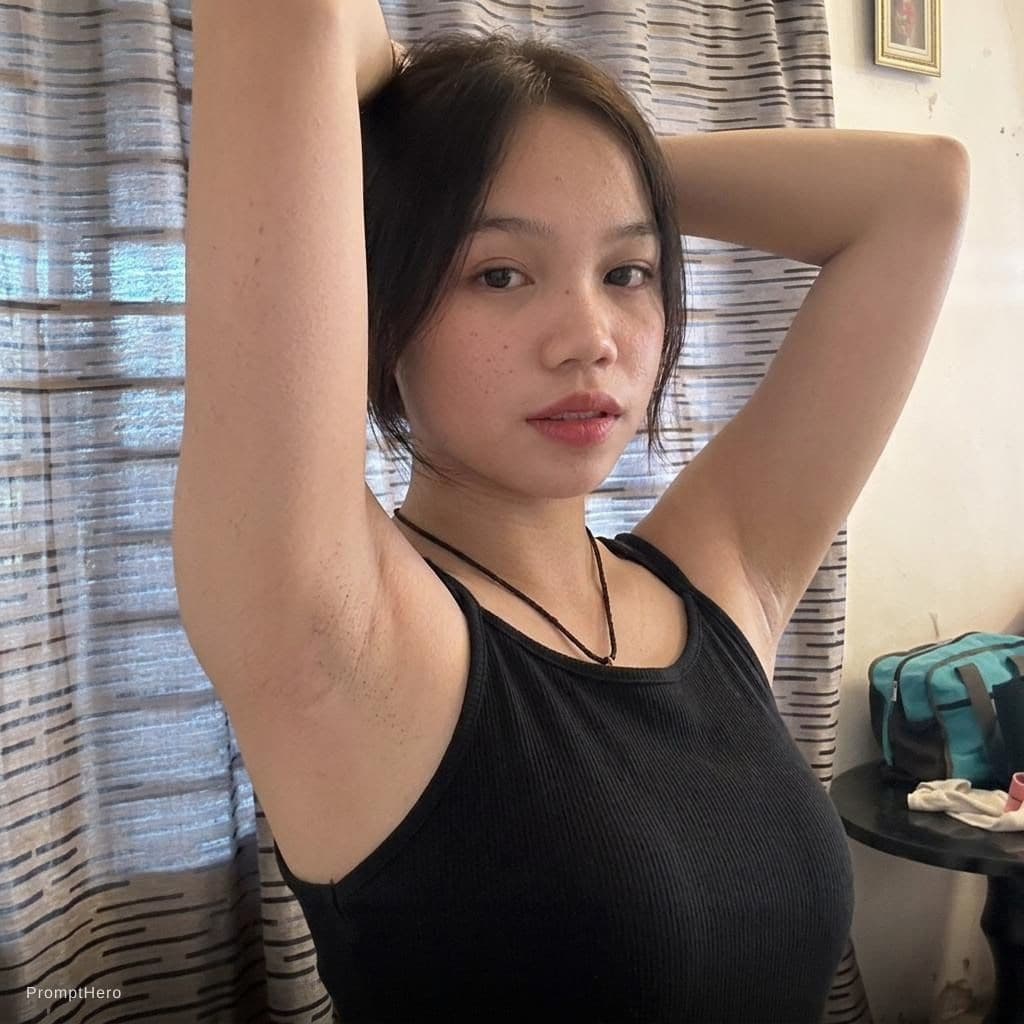 AI generated: 18 years shaved armpits close up, both arms up, detailed armpits 