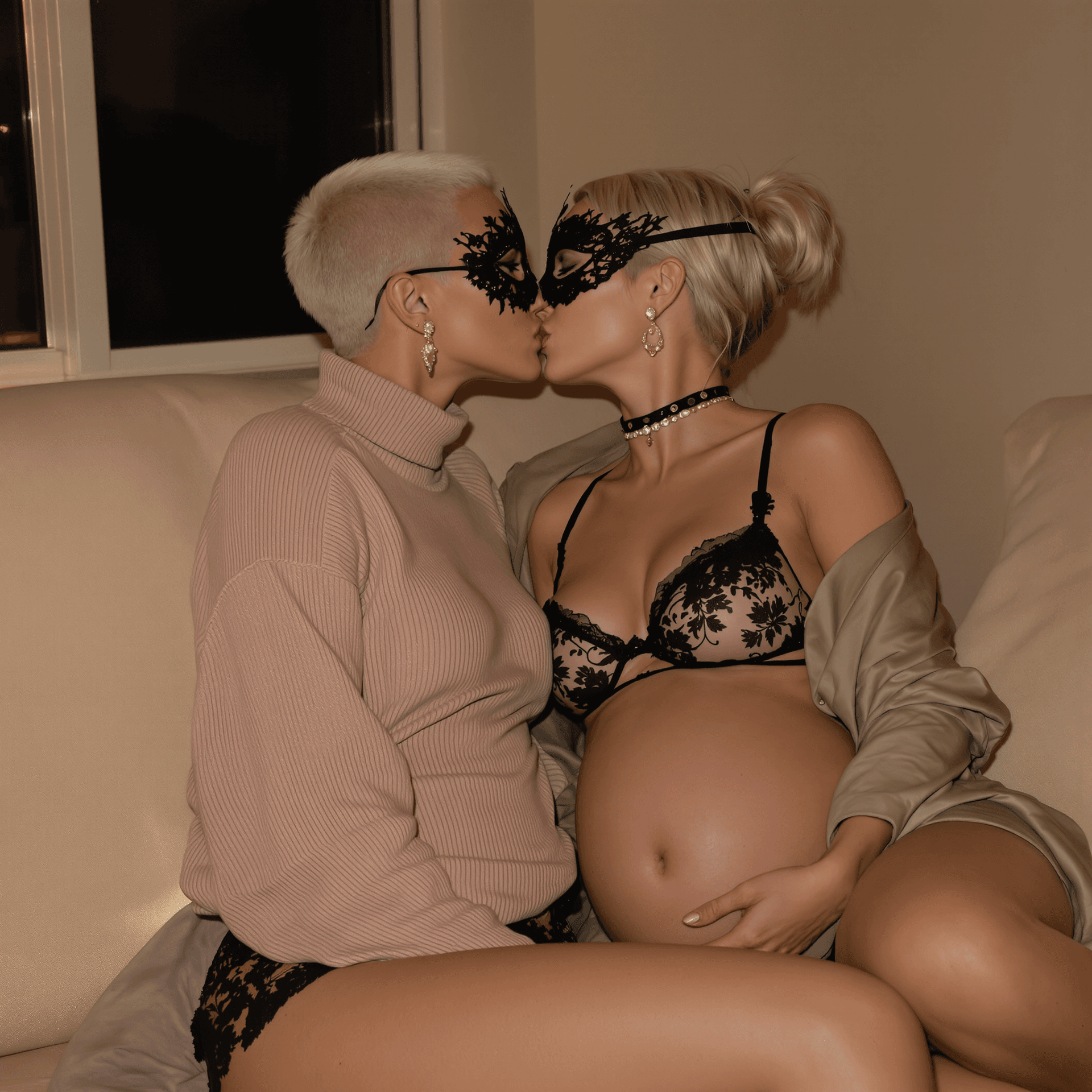 AI generated: 8K Photorealistic portrait of an elegant, slender young woman in her dimly lit bedroom at night. She...
