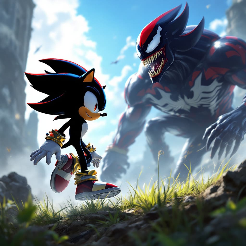 AI generated: a realistic picture of shadow from the movie of sonic 3 , and venom beside him outside of the  space...