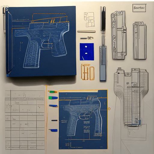 AI generated: Sketches, blueprint of glock 17, android, formulas and annotations, schematic by parts, golden ratio...