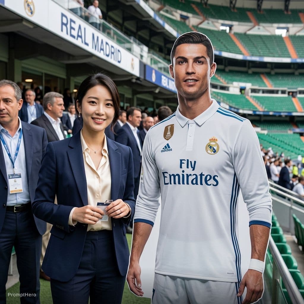 AI generated: Este chico y cristiano ronaldo en el bernabeu. Change that guy into a girl 
