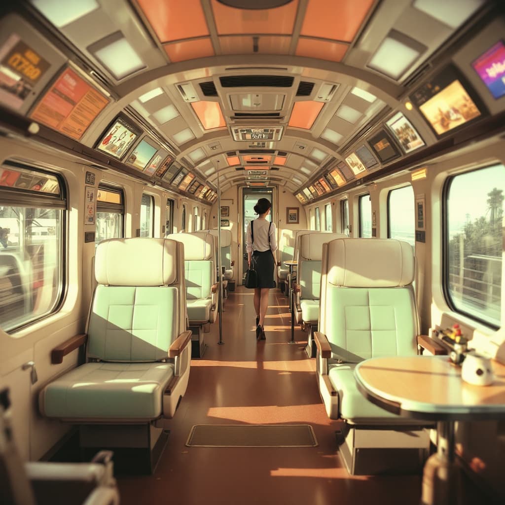 AI generated: a beautiful Wes Anderson style image of a bullet train interior with rotating seats, pertty female.