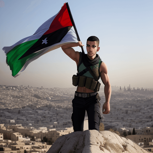 AI generated: A young resistance man carrying the Palestinian flag.  On a peak overlooking the occupied city of Je...