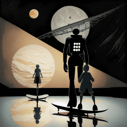 AI generated: a robot walking in to the sunset, , digital art John Kenn Mortensen and VanGogh style astronaut skat...