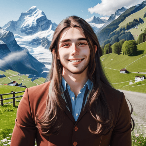 AI generated: Handsome boy with long hair
 smiling in switzerland nature