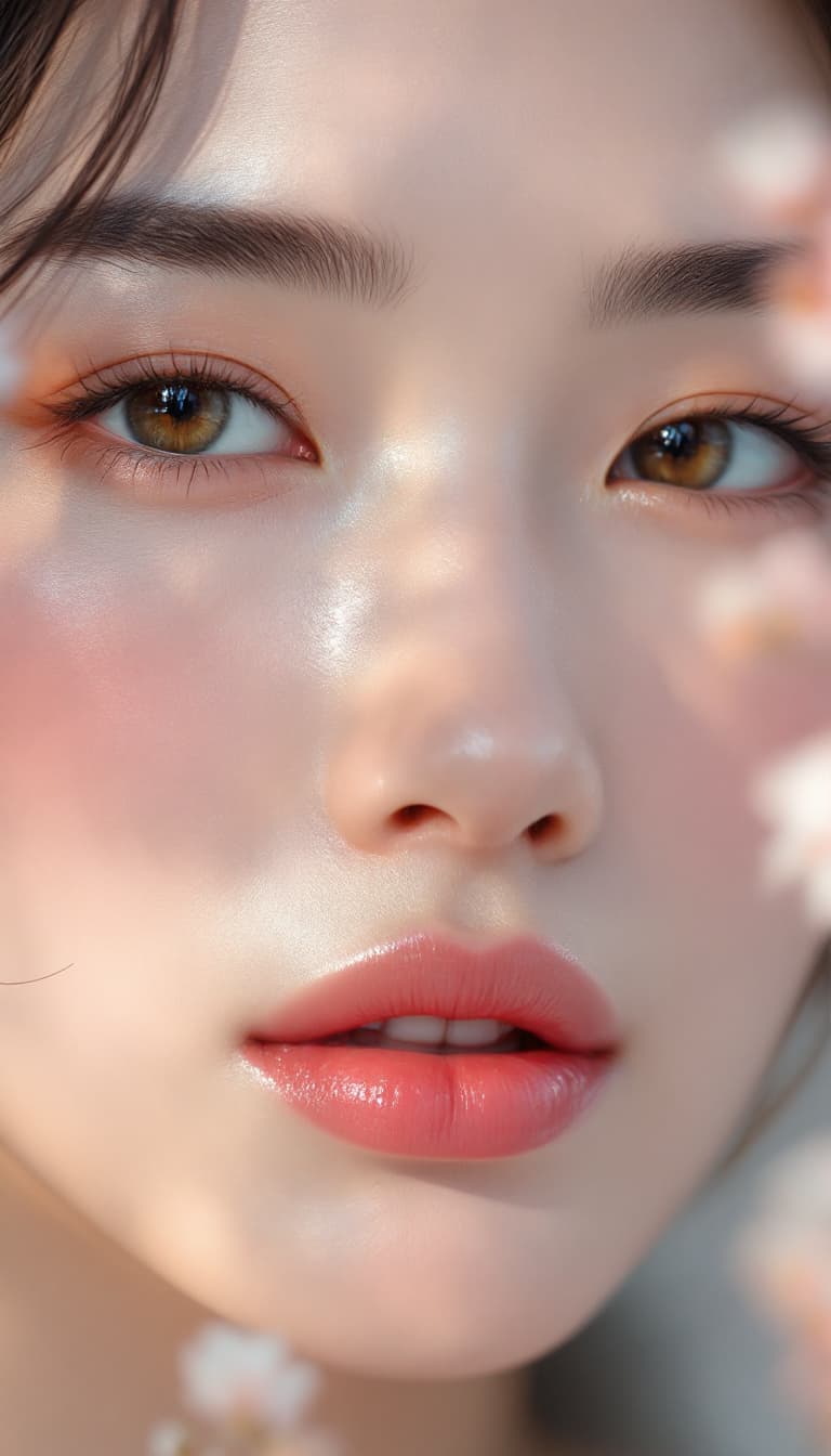 AI generated: An zoomed in shot-up of a Chinese voung woman's face with flawless, glowing skin, soft natural makeu...